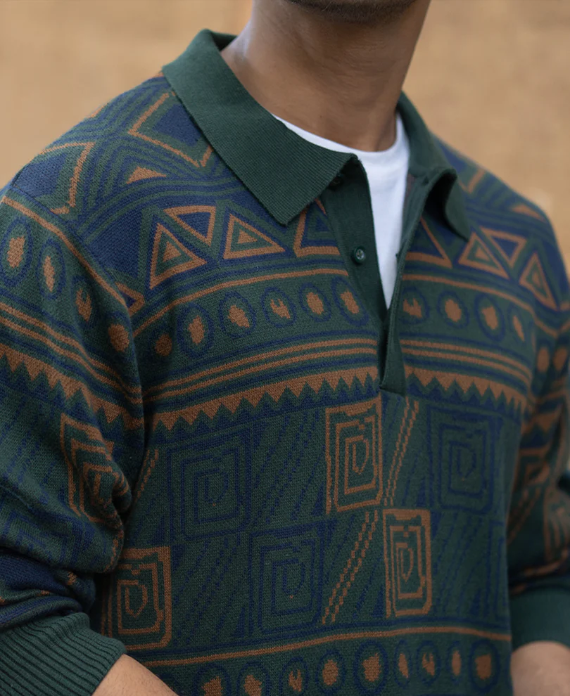 Multicolour Geometric Jacquard Knit T-Shirt 100% Cotton - Image 5