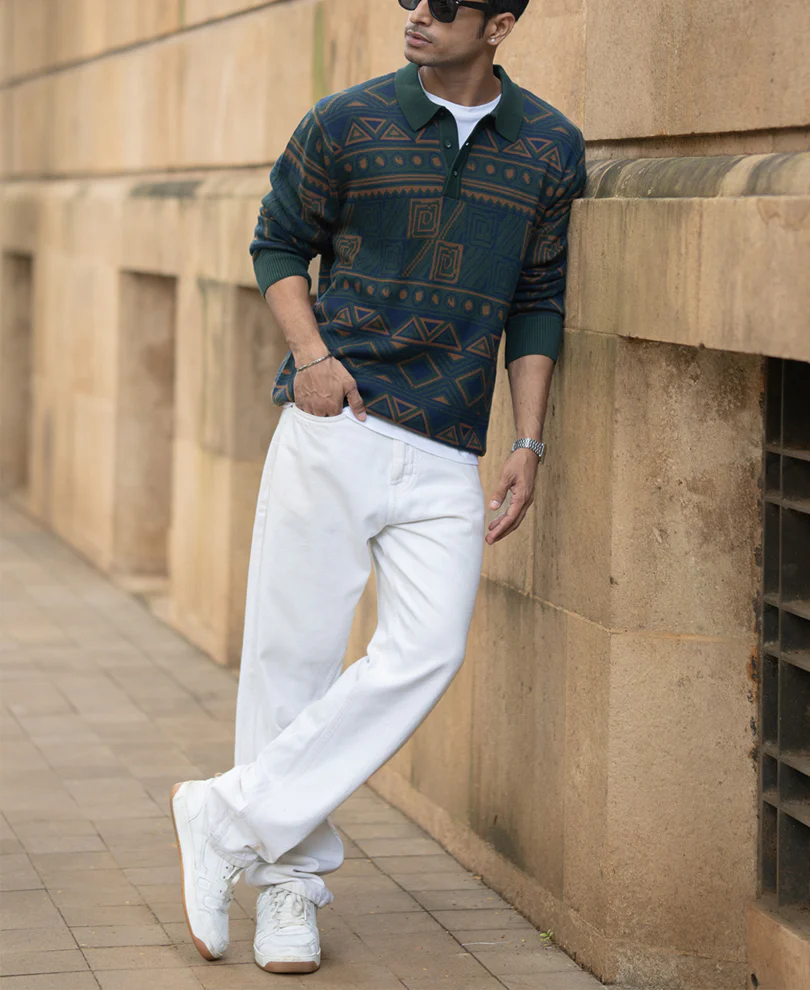 Multicolour Geometric Jacquard Knit T-Shirt 100% Cotton - Image 7