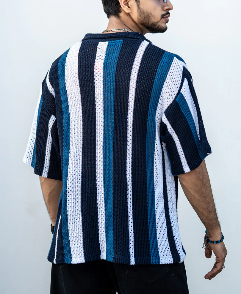 Multicolor Crochet Knit Striped Oversize Drop Shoulder Shirt - Image 2