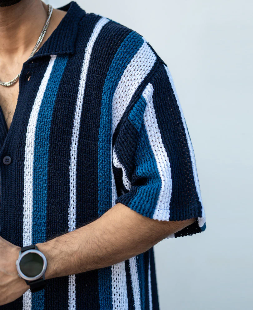 Multicolor Crochet Knit Striped Oversize Drop Shoulder Shirt - Image 3