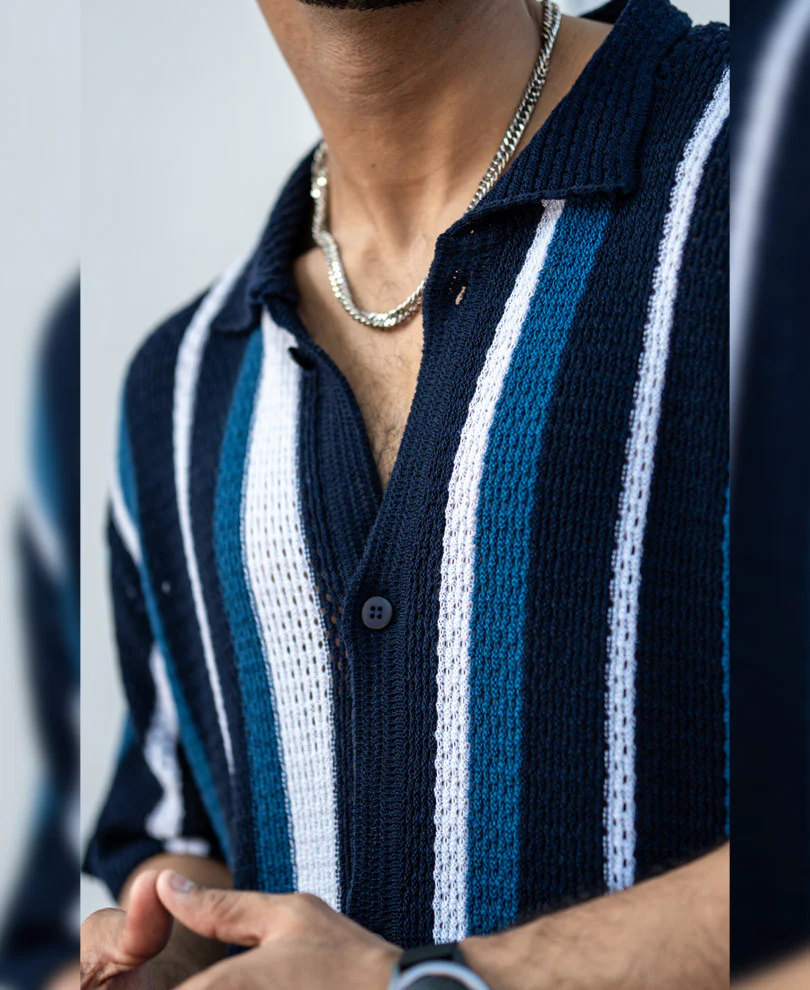 Multicolor Crochet Knit Striped Oversize Drop Shoulder Shirt - Image 6