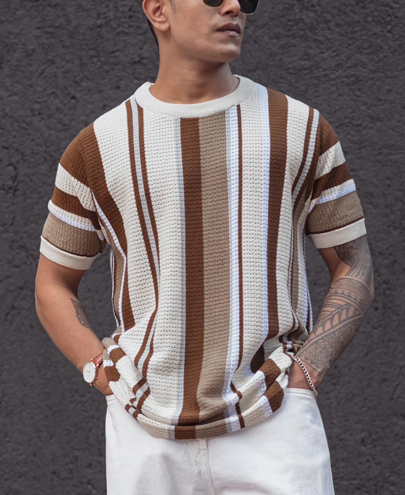 Multicolor Regular Fit Striped Half Sleeves T Shirt 100% Cotton - Image 2
