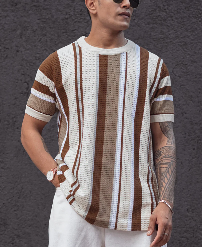 Multicolor Regular Fit Striped Half Sleeves T Shirt 100% Cotton - Image 3