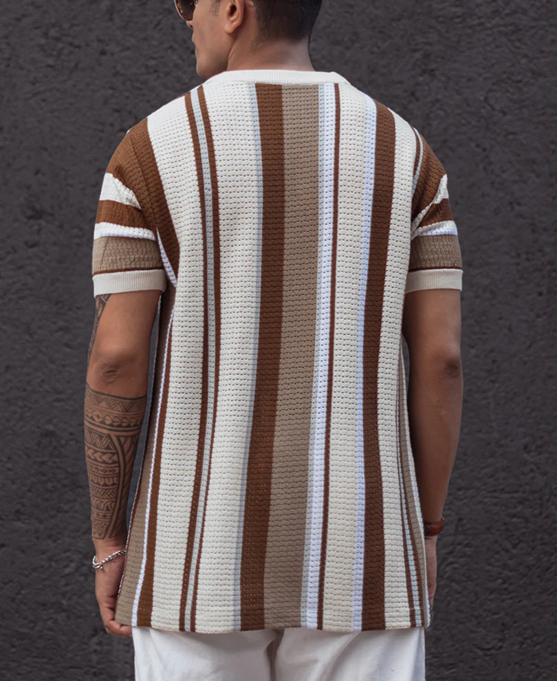 Multicolor Regular Fit Striped Half Sleeves T Shirt 100% Cotton - Image 4