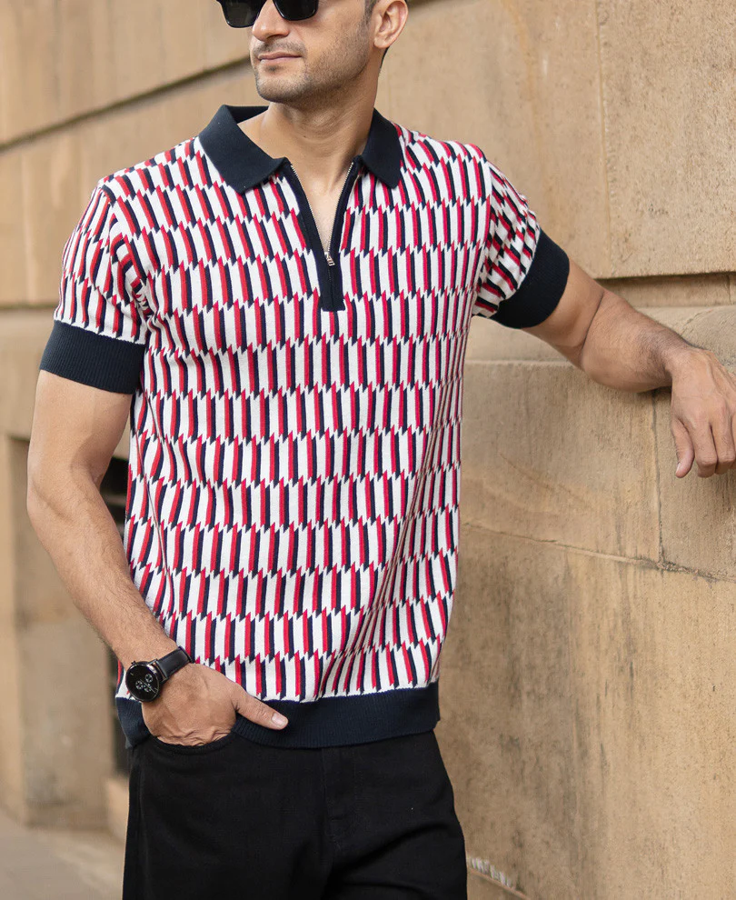 Multicolour Jacquard Knit Polo T-Shirt 100% Cotton - Image 2