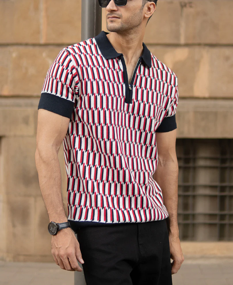 Multicolour Jacquard Knit Polo T-Shirt 100% Cotton - Image 3