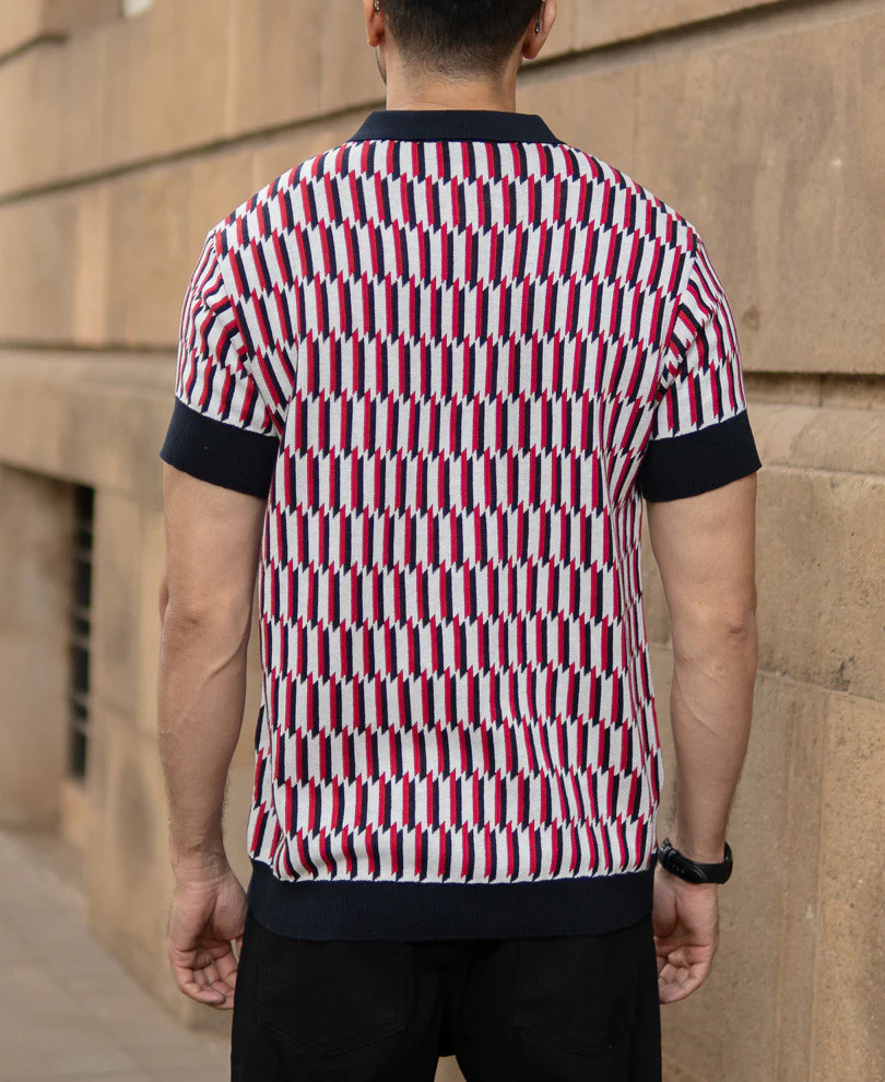 Multicolour Jacquard Knit Polo T-Shirt 100% Cotton - Image 5