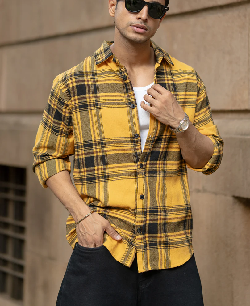 Mustard Brushed Checks Shirt - Image 2