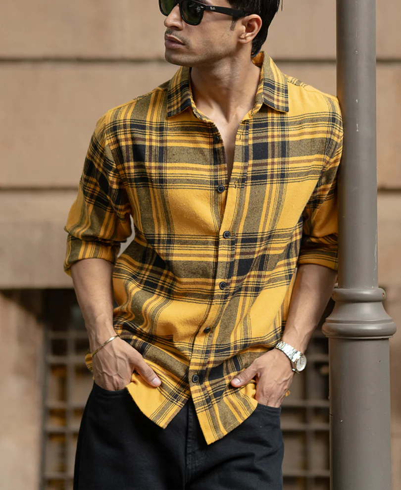 Mustard Brushed Checks Shirt - Image 3