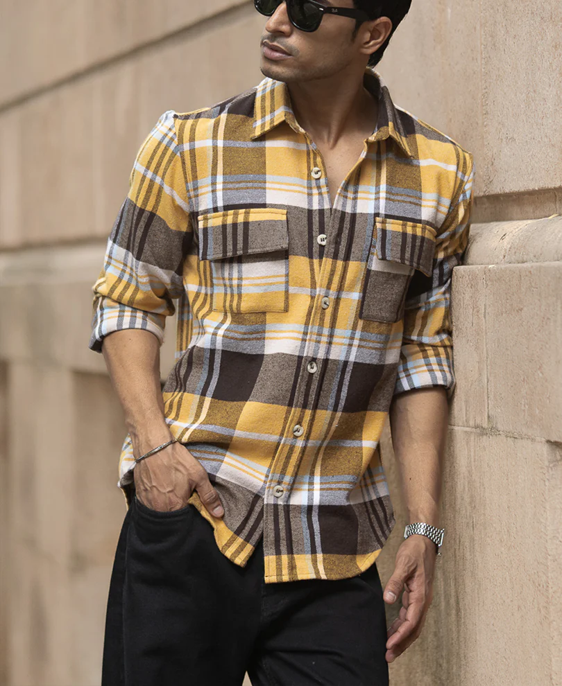 Mustard Checks Shirt With Pockets 100% Cotton - Image 2