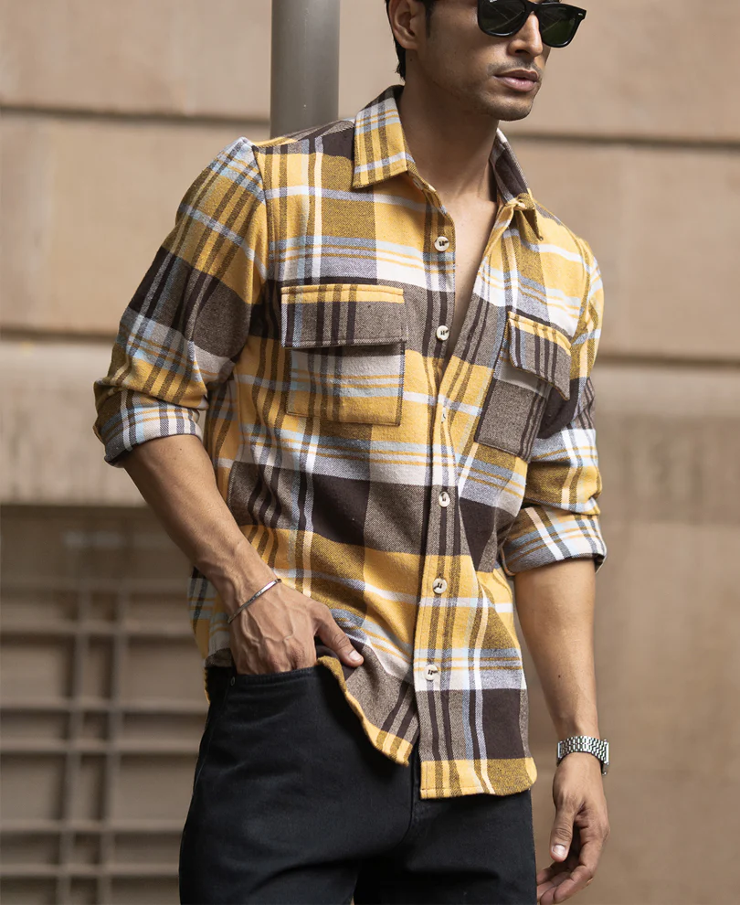 Mustard Checks Shirt With Pockets 100% Cotton - Image 3