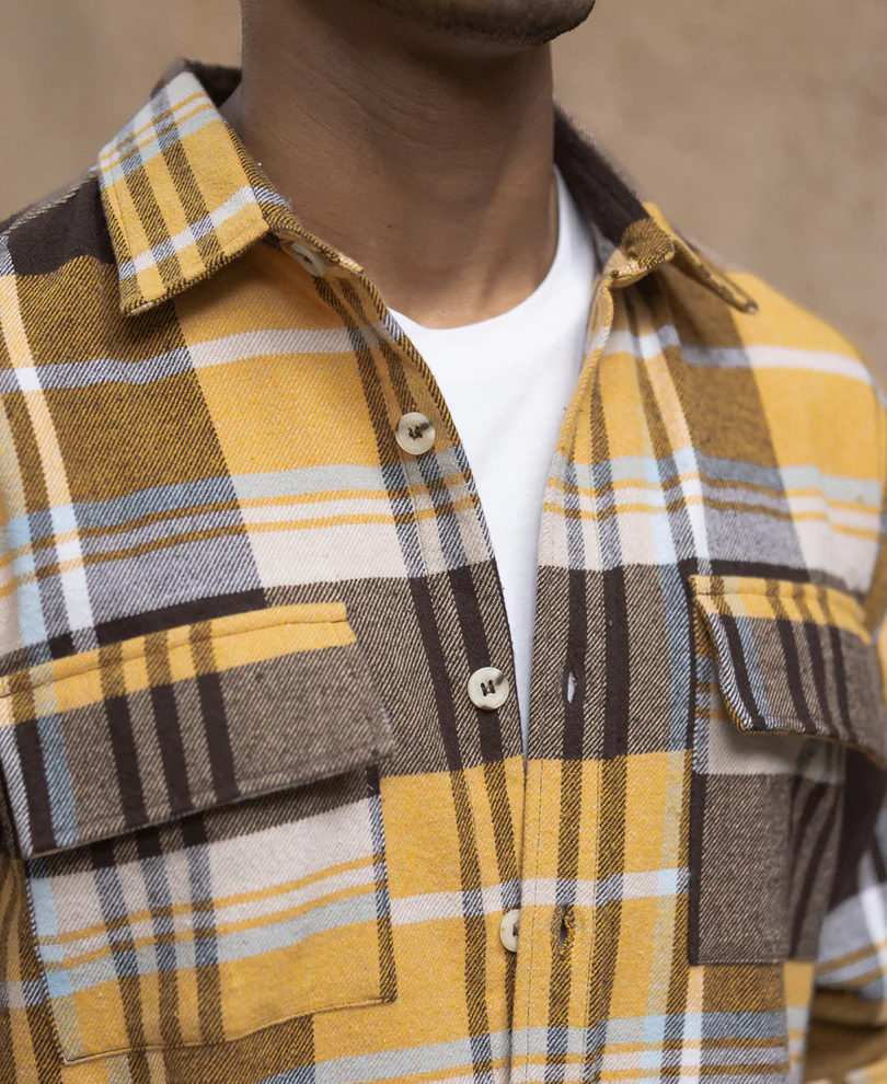 Mustard Checks Shirt With Pockets 100% Cotton - Image 4