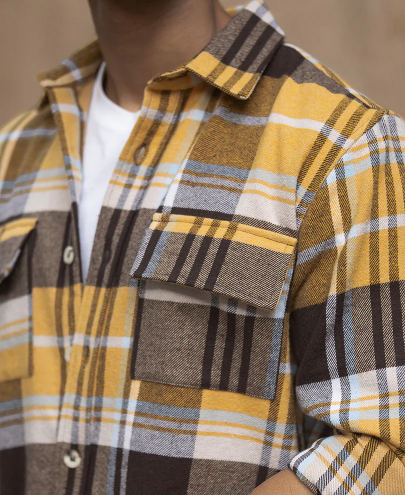 Mustard Checks Shirt With Pockets 100% Cotton - Image 5