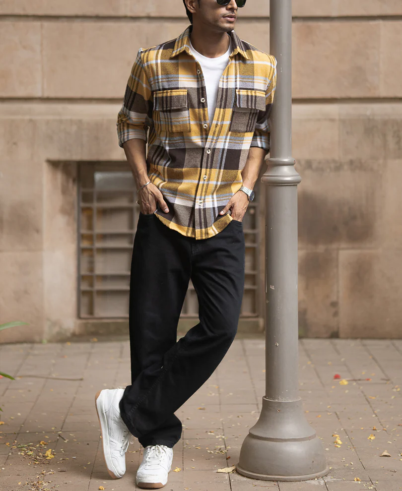 Mustard Checks Shirt With Pockets 100% Cotton - Image 7