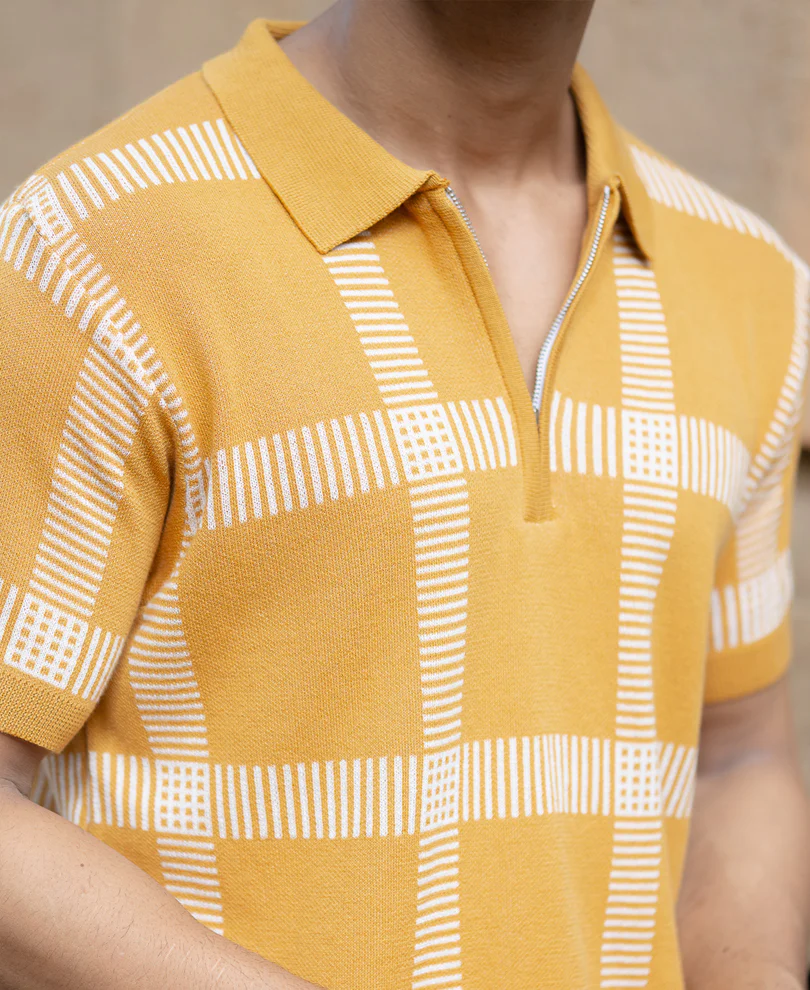 Mustard Knitted Checks T-Shirt 100% Cotton - Image 3