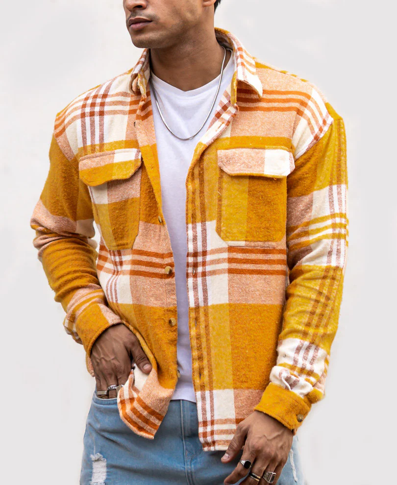 Mustard Pocket Checks Oversize Drop Shoulder Shirt - Image 3