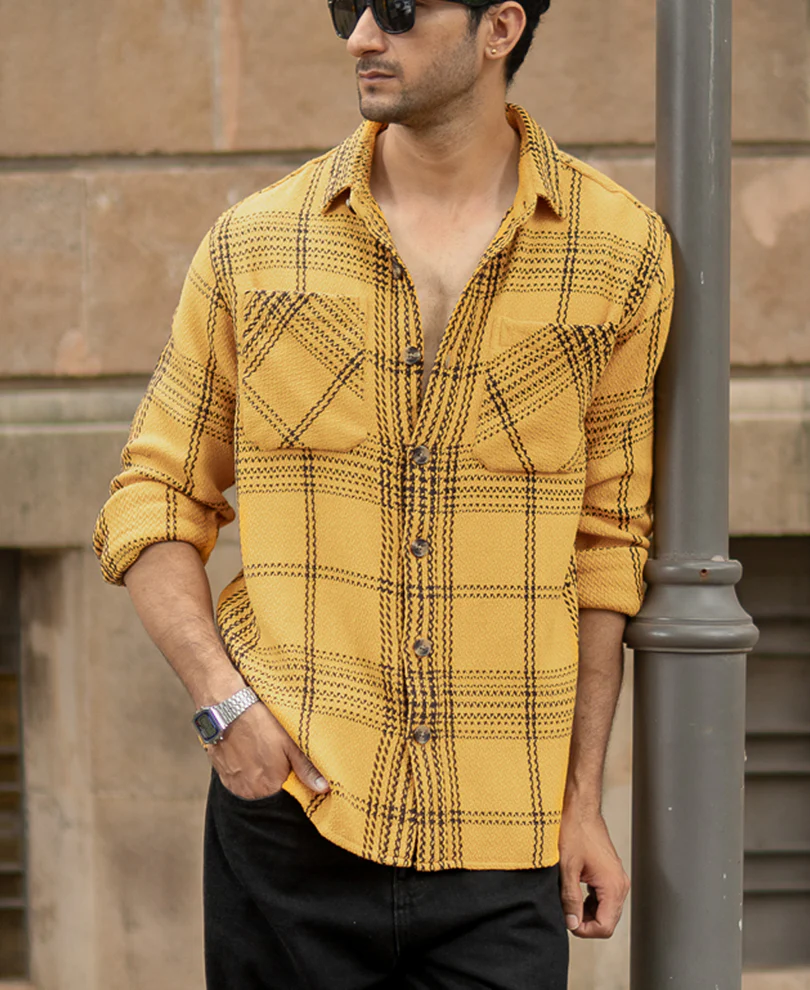 Mustard Yellow Structured Check Shirt - Image 3