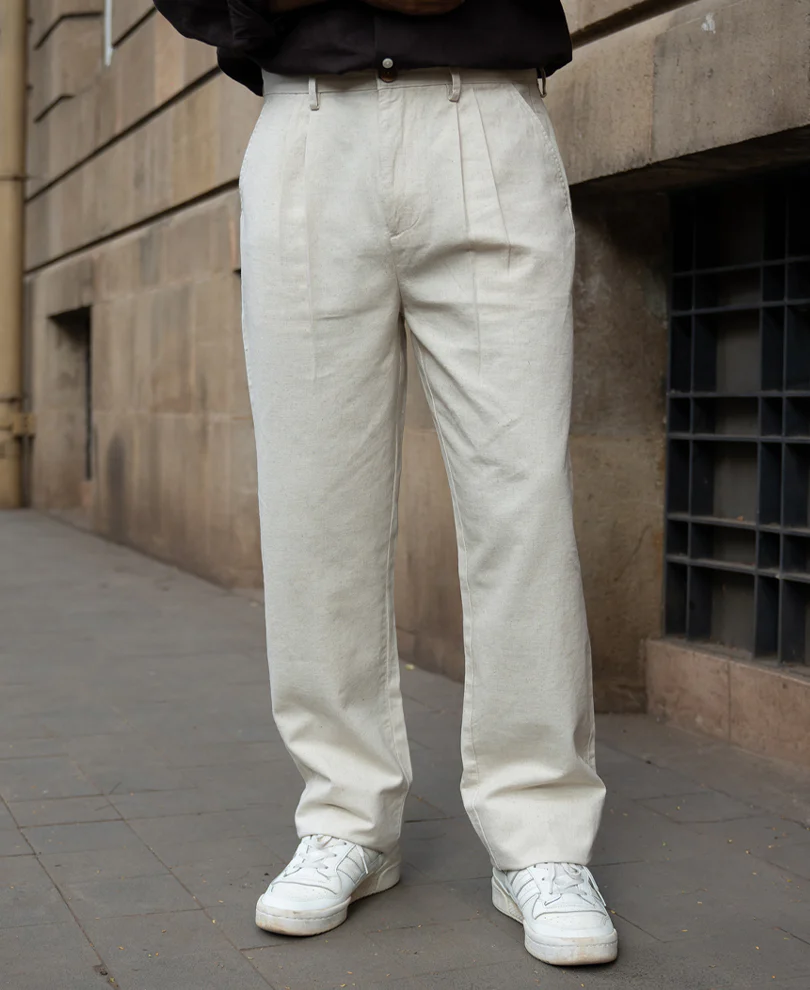 Natural Linen Blend Pleated Trousers - Image 3