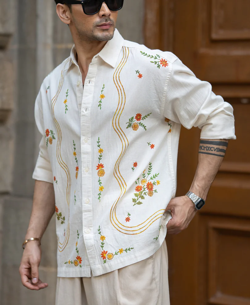 Natural Linen Blend Print Shirt 100% Cotton - Image 3