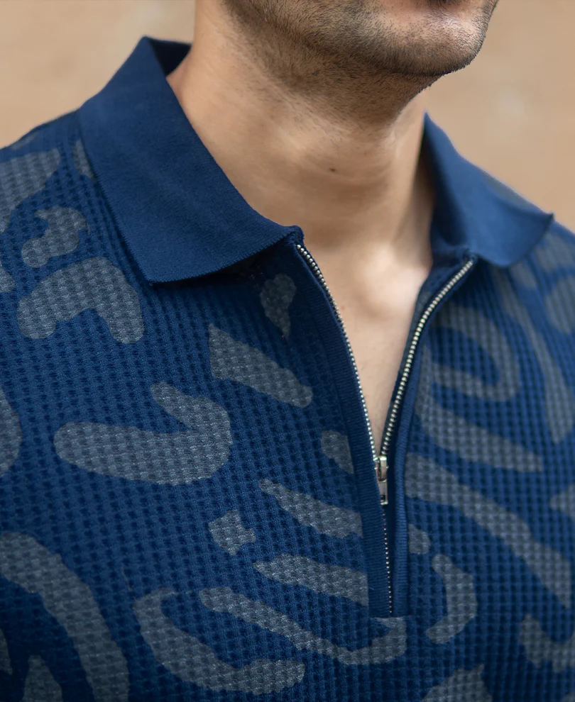Navy Abstract Print Polo T-Shirt - Image 3