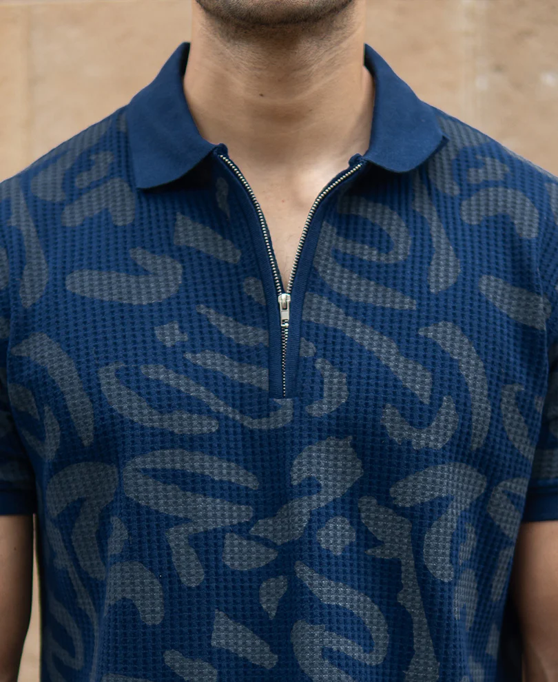 Navy Abstract Print Polo T-Shirt - Image 4