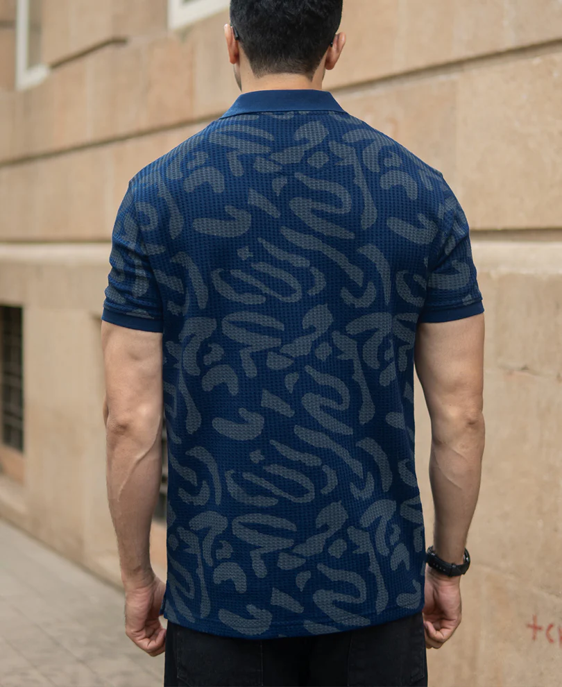 Navy Abstract Print Polo T-Shirt - Image 5