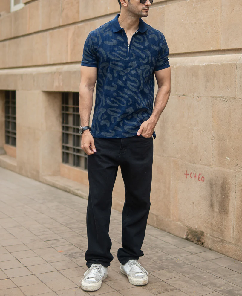 Navy Abstract Print Polo T-Shirt - Image 6