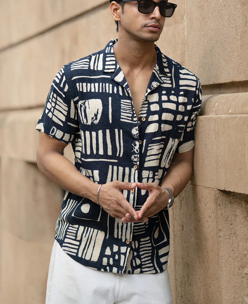 Navy Abstract Print Shirt 100% Cotton - Image 3