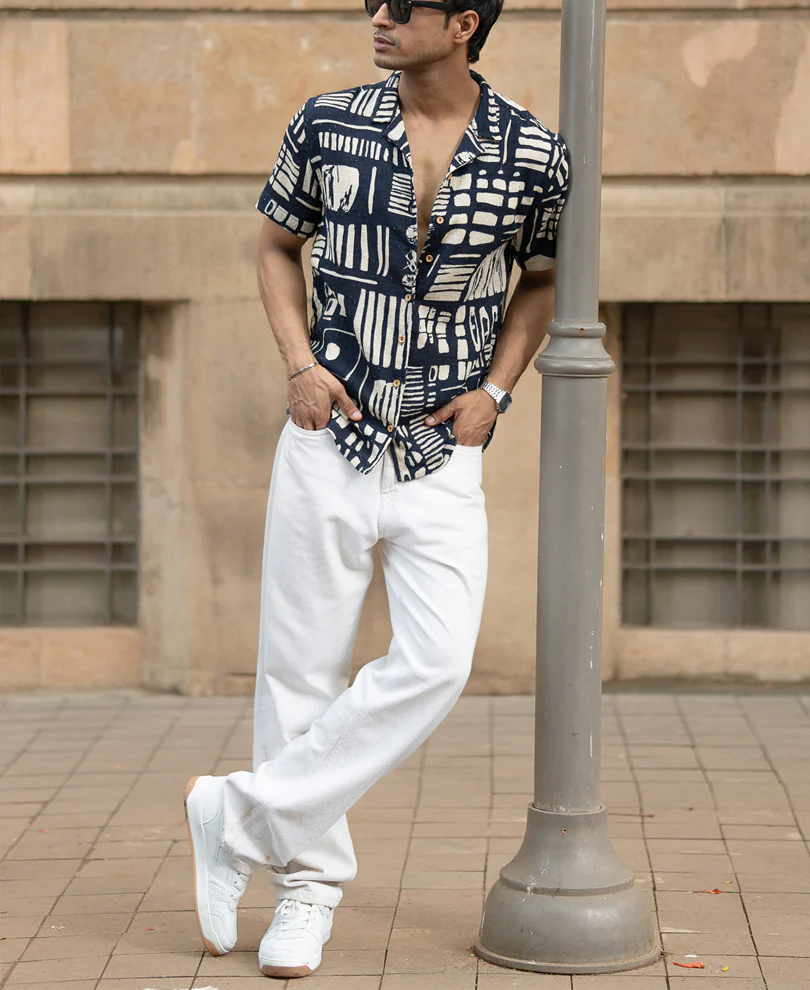 Navy Abstract Print Shirt 100% Cotton - Image 7