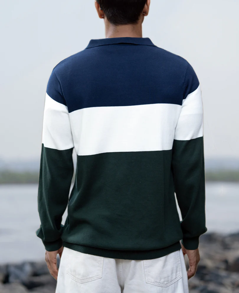 Navy And Green Panelled Polo T-Shirt 100% Cotton - Image 4
