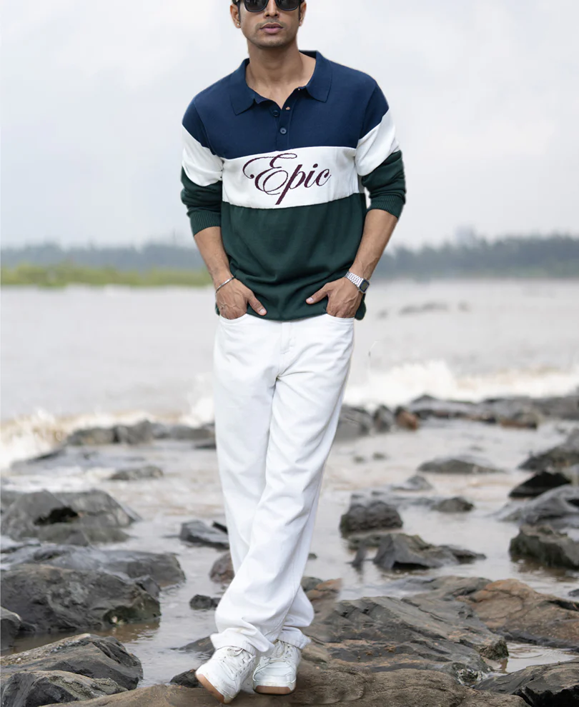 Navy And Green Panelled Polo T-Shirt 100% Cotton - Image 5