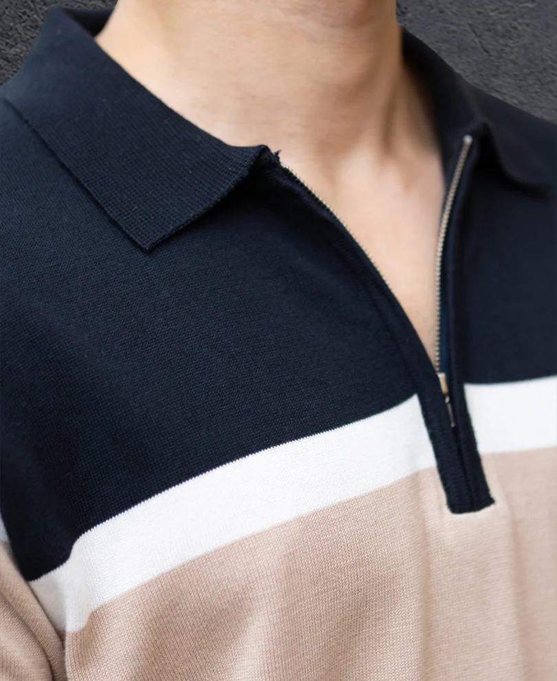 Navy & Beige Knit Stripe T-Shirt 100% Cotton - Image 2