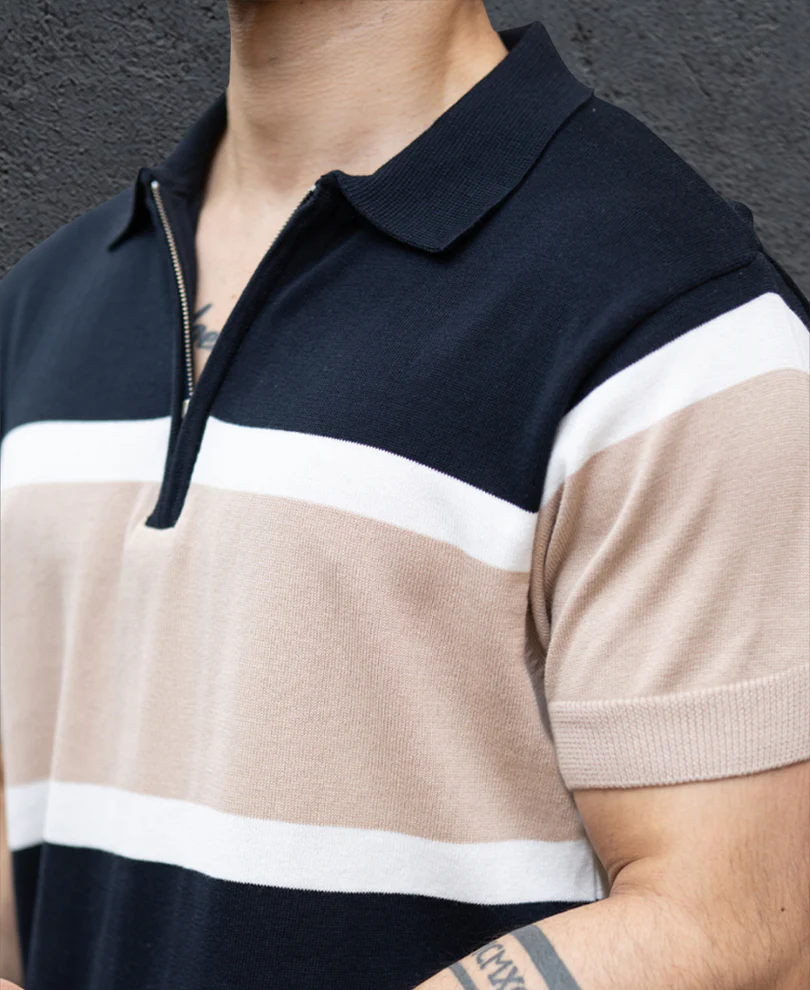 Navy & Beige Knit Stripe T-Shirt 100% Cotton - Image 3
