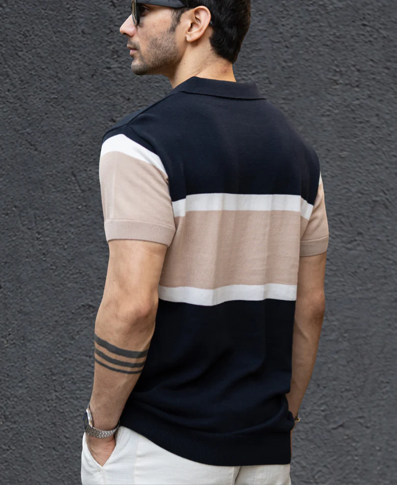 Navy & Beige Knit Stripe T-Shirt 100% Cotton - Image 4