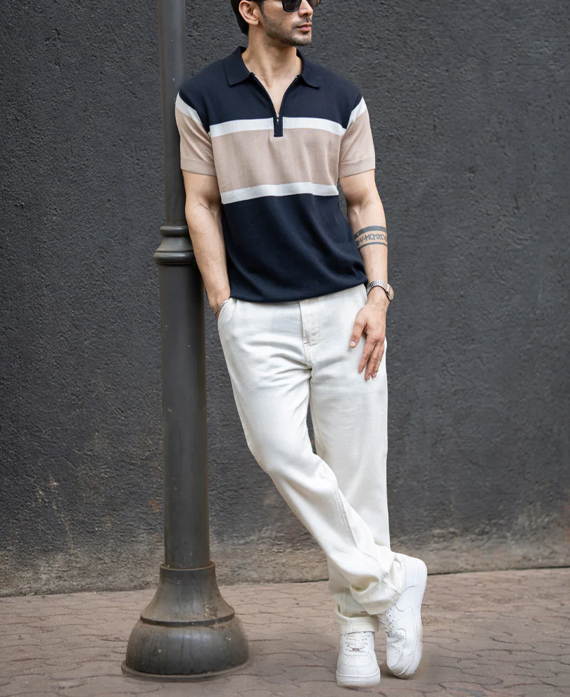 Navy & Beige Knit Stripe T-Shirt 100% Cotton - Image 5