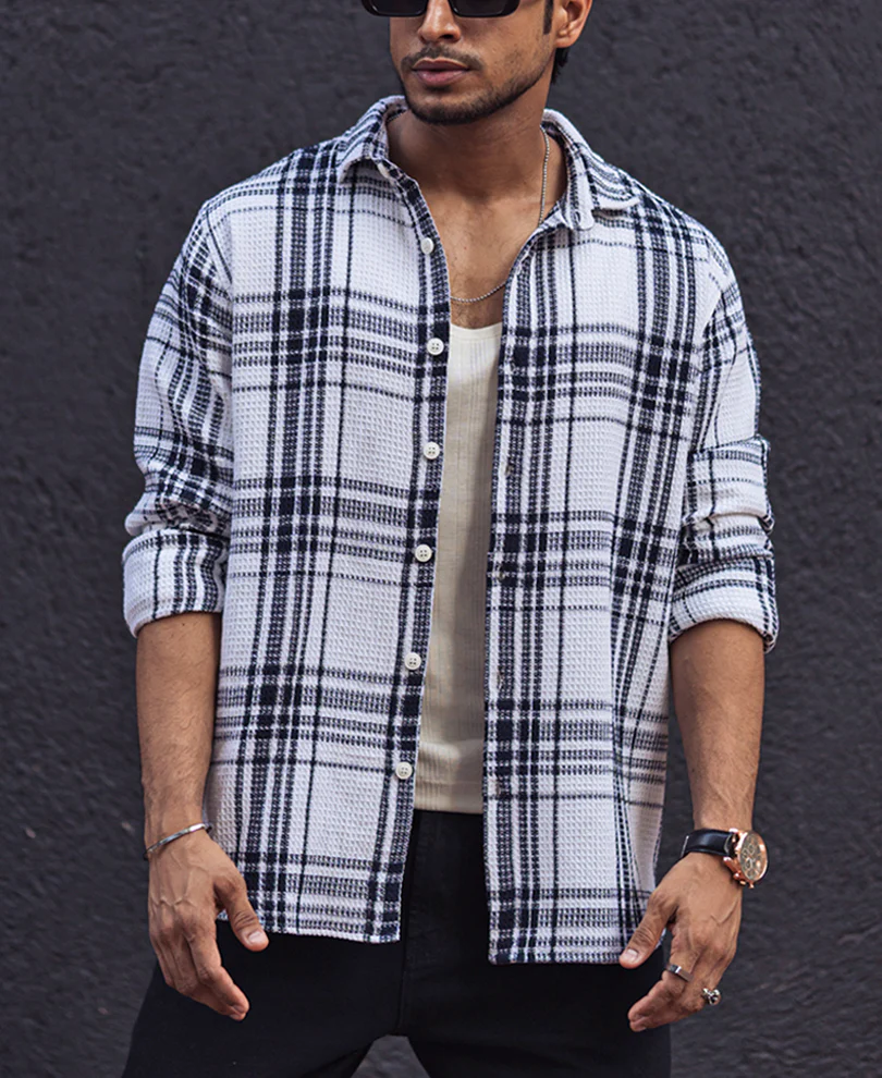 Navy Blue and White Waffle Checks Regular Full Sleeves Shirt - Image 2