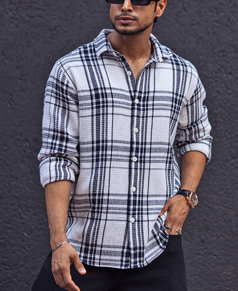 Navy Blue and White Waffle Checks Regular Full Sleeves Shirt - Image 3