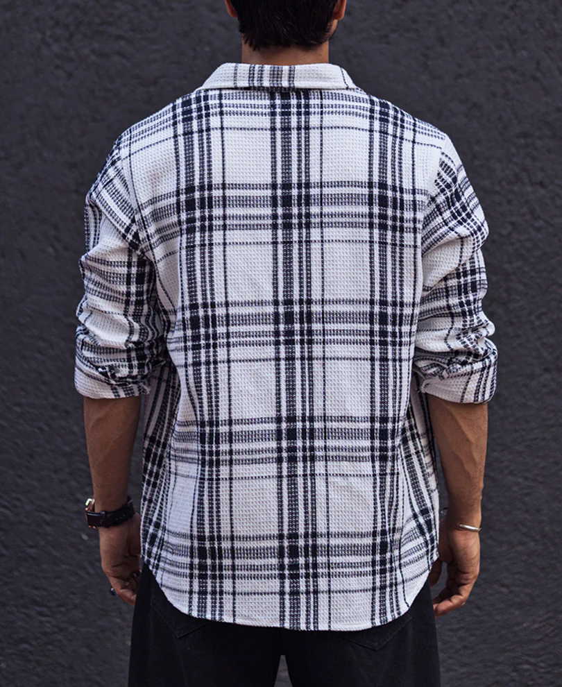 Navy Blue and White Waffle Checks Regular Full Sleeves Shirt - Image 4