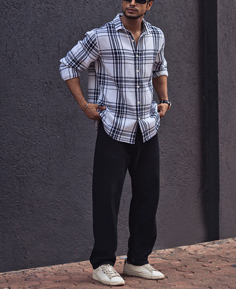 Navy Blue and White Waffle Checks Regular Full Sleeves Shirt - Image 5