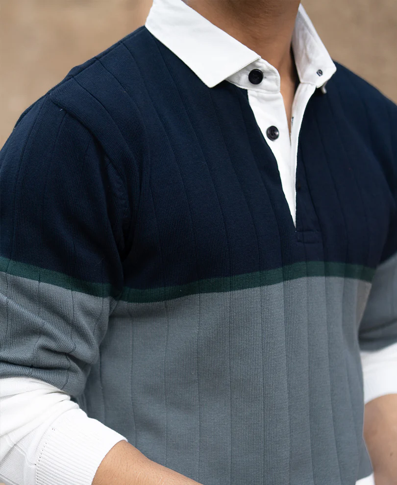 Navy Blue Panel Polo Collar T-Shirt 100% Cotton - Image 3