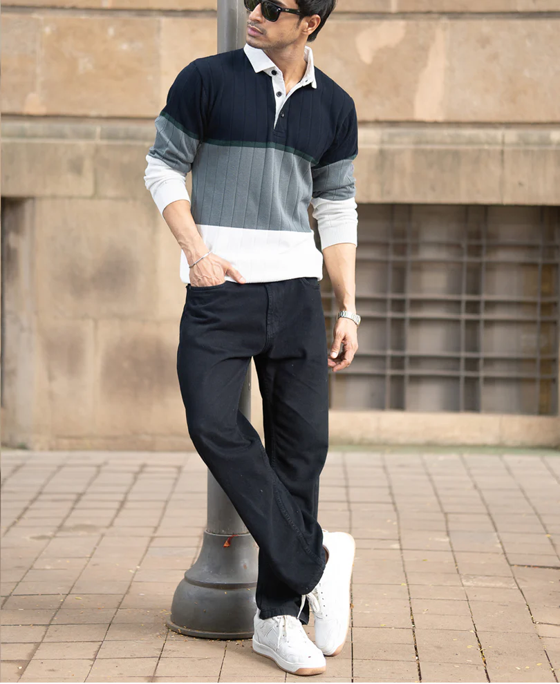 Navy Blue Panel Polo Collar T-Shirt 100% Cotton - Image 6