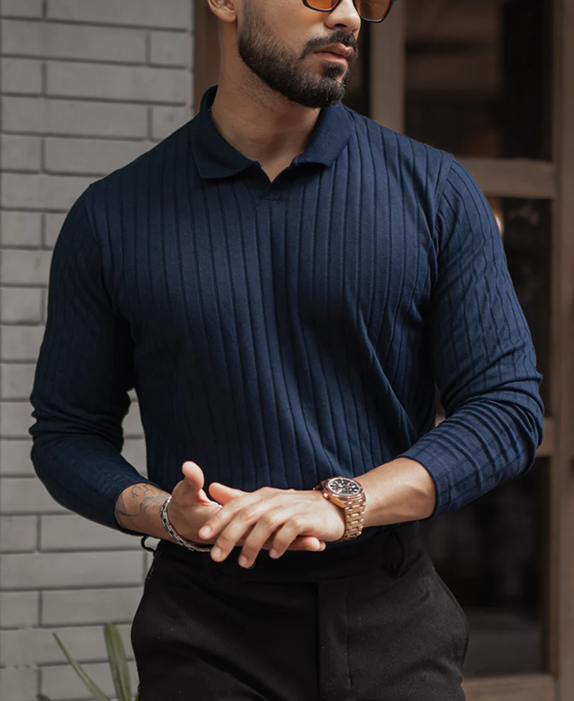 Navy Blue Regular Fit Full Sleeves T-Shirt - Image 2