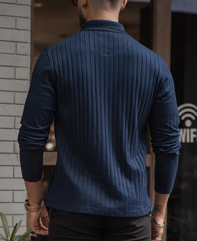 Navy Blue Regular Fit Full Sleeves T-Shirt - Image 4