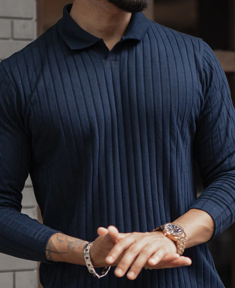 Navy Blue Regular Fit Full Sleeves T-Shirt - Image 5