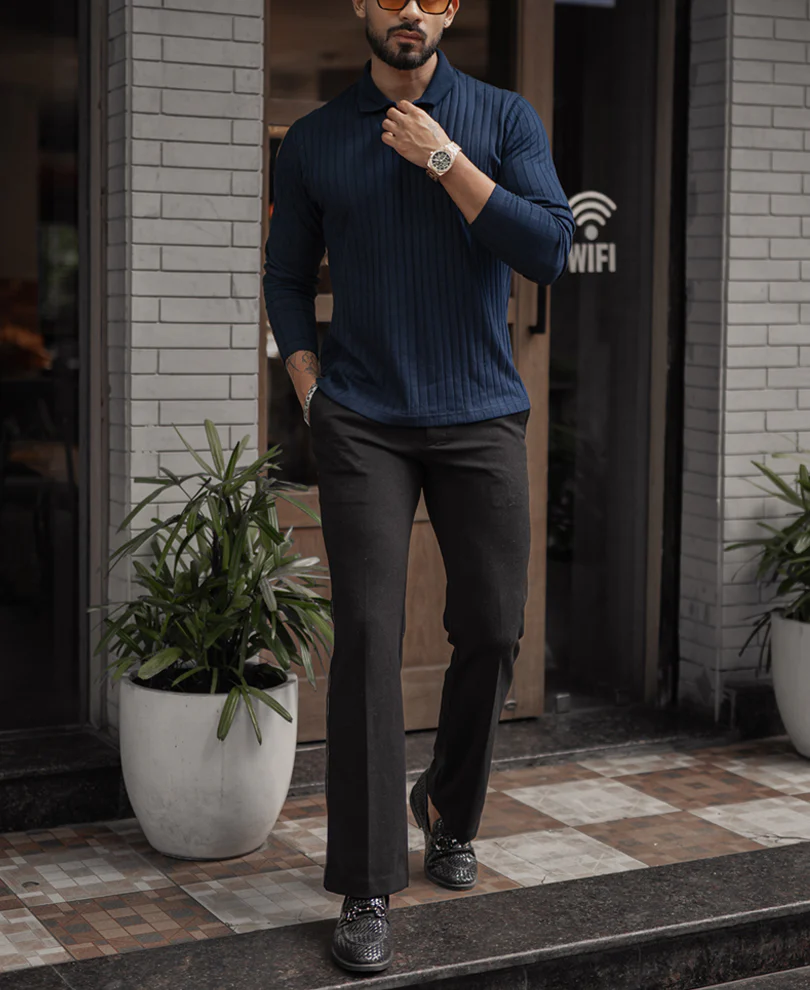 Navy Blue Regular Fit Full Sleeves T-Shirt - Image 6