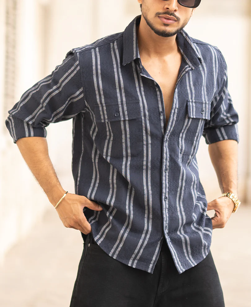 Navy Blue Striped Regular Fit Full Sleeves Shirt - Image 2