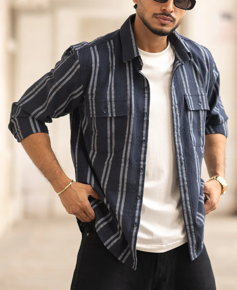 Navy Blue Striped Regular Fit Full Sleeves Shirt - Image 3