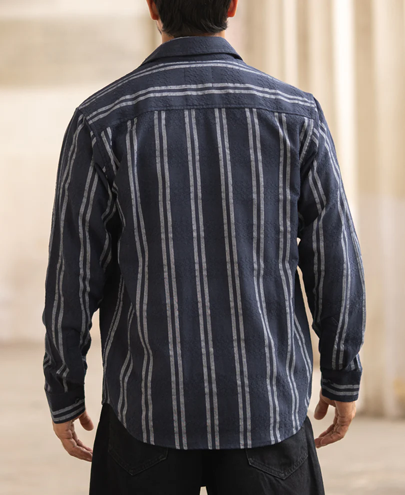 Navy Blue Striped Regular Fit Full Sleeves Shirt - Image 4