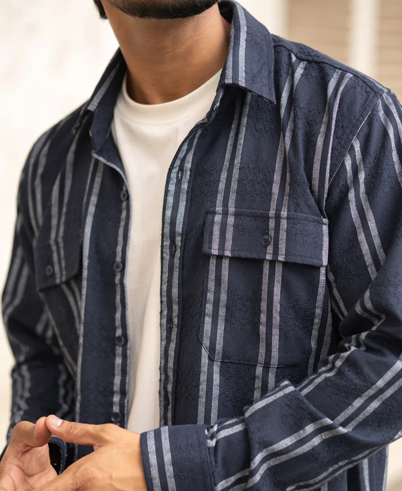 Navy Blue Striped Regular Fit Full Sleeves Shirt - Image 5