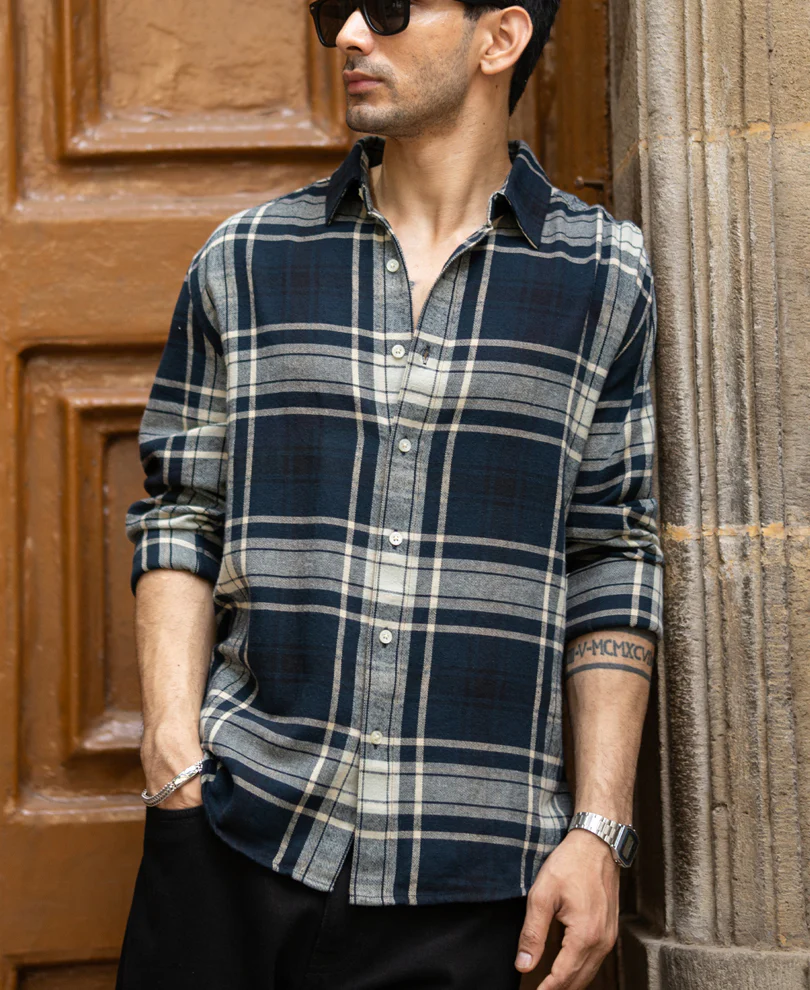 Navy Structured Checks Shirt 100% Cotton - Image 2